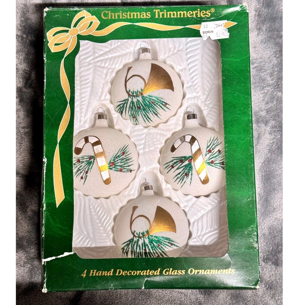 Christmas Trimmeries Bradford Vntg Glass Ornaments Set 4 Candy Cane French Horn